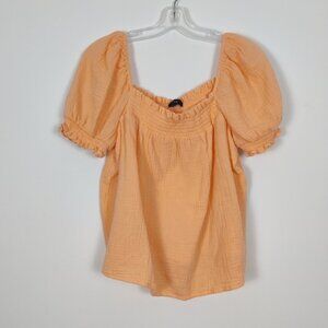 J. Crew Women's Puff Sleeve Square Neck Cotton Blouse Orange Seersucker Size XL
